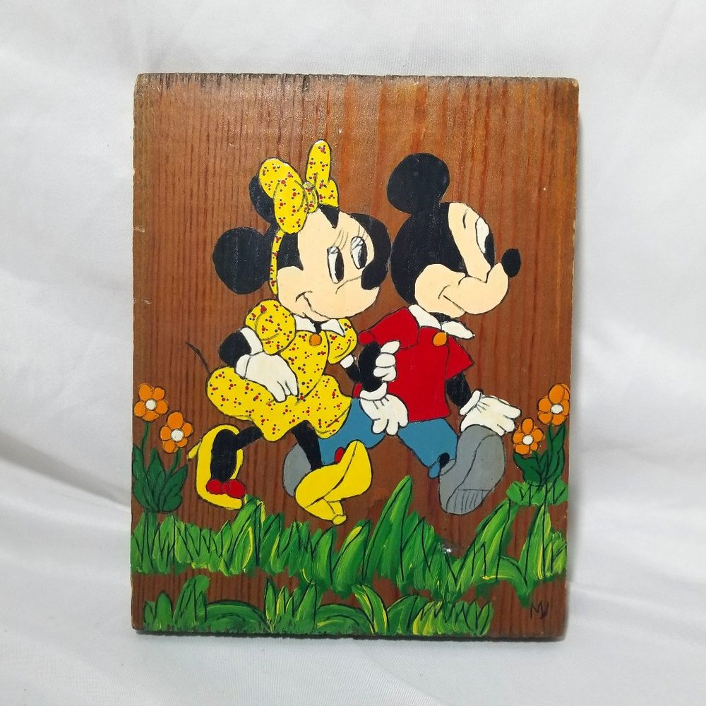 Vtg Mickey Minnie Mouse Hand Painted Wooden Wall Art Picture Plaque 9"x7" SIGNED